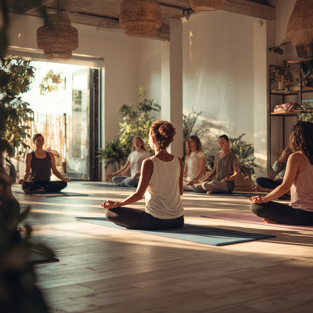 Confident European woman in her 40s demonstrating a graceful yoga pose outdoors, genuine smile, athletic build, wearing earth-tone yoga clothing, natural outdoor setting with soft lighting